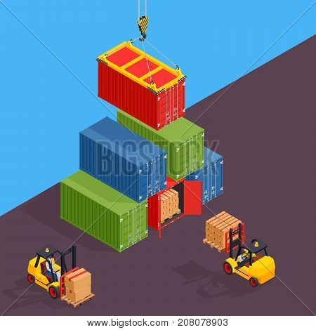 Marine cargo port. Unloading of sea cargo containers by a forklift. Closed containers and one outdoor.
