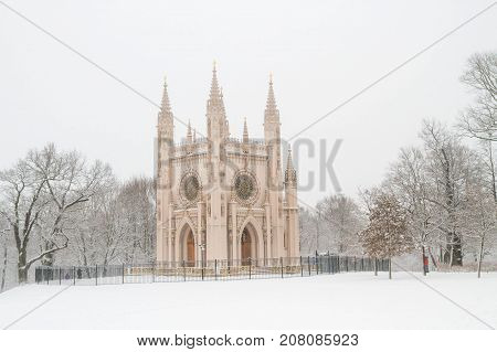 St. Alexander Nevsky Church In The Park Of Peterhof In The Winter.