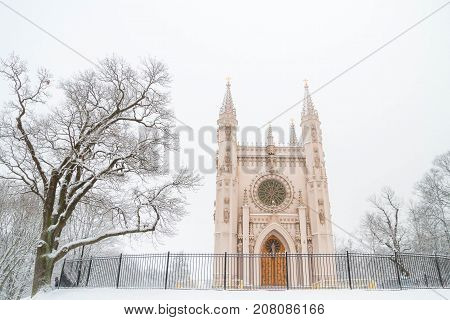 St. Alexander Nevsky Church In The Park Of Peterhof In The Winter.
