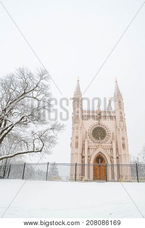 St. Alexander Nevsky Church In The Park Of Peterhof In The Winter.