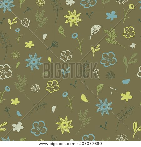 Seamless pattern with flowers and leafs on green background