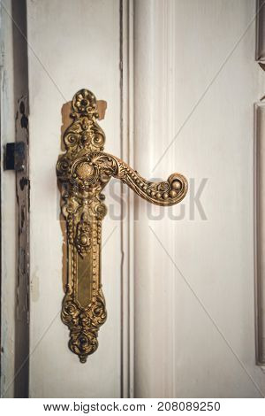 Antique interior doorknob on an old wooden door in Berlin Germany.