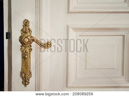 Antique interior doorknob on an old wooden door in Berlin Germany.
