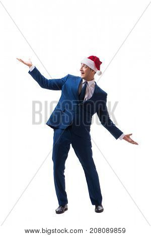 Young busnessman wearing santa hat in christmas concept on white