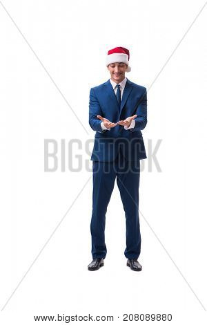 Young busnessman wearing santa hat in christmas concept on white