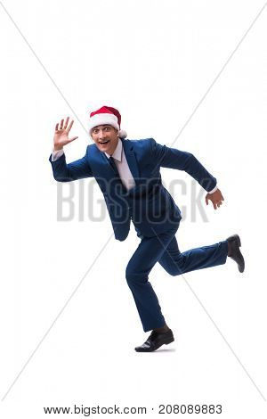 Young busnessman wearing santa hat in christmas concept on white