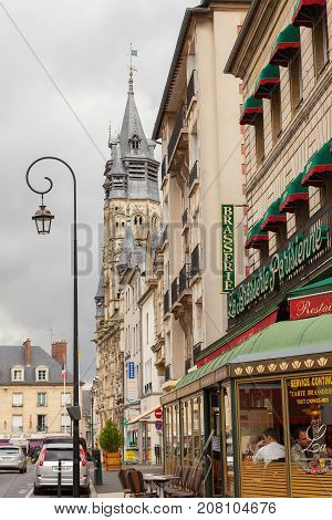 September 2012- In September tourist visit the small town of Compiegne known for its Castle and beautiful gardens. View of towncenter.