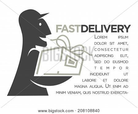 Delivery logo template for post mail, food or online shop express service. Vector isolated icon of delivery man silhouette with gift box parcel
