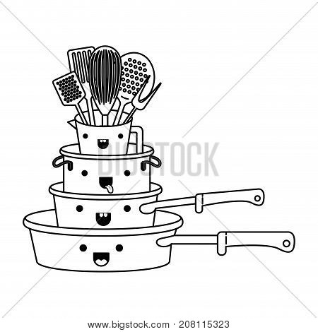 stewpan stack and kitchen utensils monochrome kawaii silhouette vector illustration