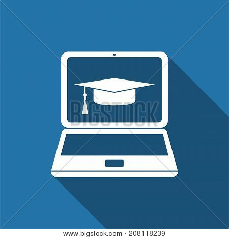Graduation cap and laptop icon. Online learning or e-learning concept icon isolated with long shadow. Flat design. Vector Illustration