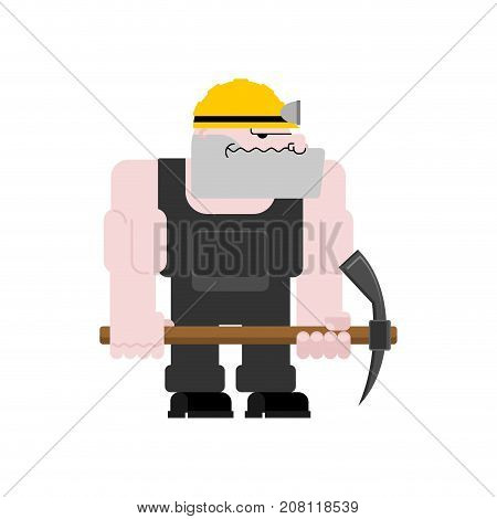 Miner Worker Mining Isolated. Collier With Pickaxe. Pitman Is At Work In Mine. Working Coal Mining.