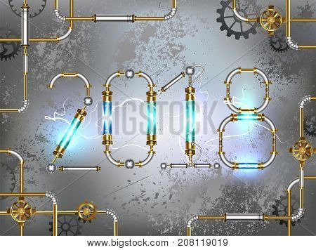 Number two thousand eighteenth year from LED lamps with lightning on a gray industrial background. Steampunk style. Industrial design.