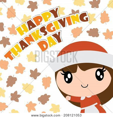 Cute pilgrim girl smiles on maple leaves background vector cartoon illustration for happy thanksgiving's day card design, wallpaper and kid t-shirt design