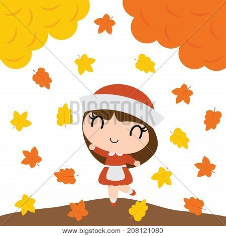 Cute pilgrim girl is happy behind maple trees vector cartoon illustration for happy thanksgiving's day card design, wallpaper and kid t-shirt design