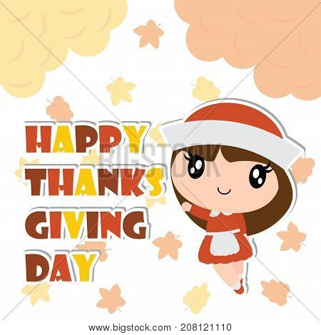 Cute pilgrim girl is happy on maple leaves background vector cartoon illustration for happy thanksgiving's day card design, wallpaper and kid t-shirt design