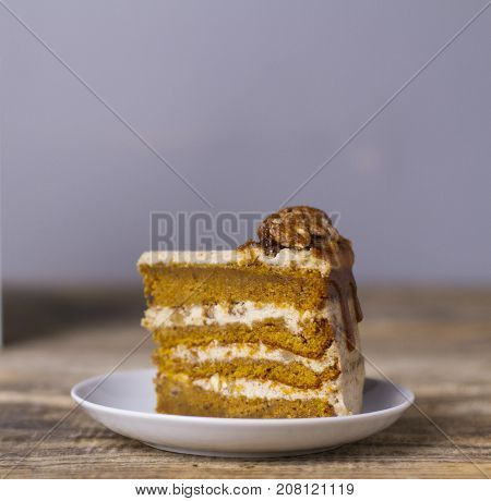 piece of cake with caramel and nuts