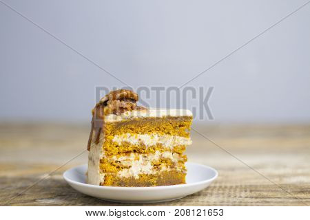 piece of cake with caramel and nuts