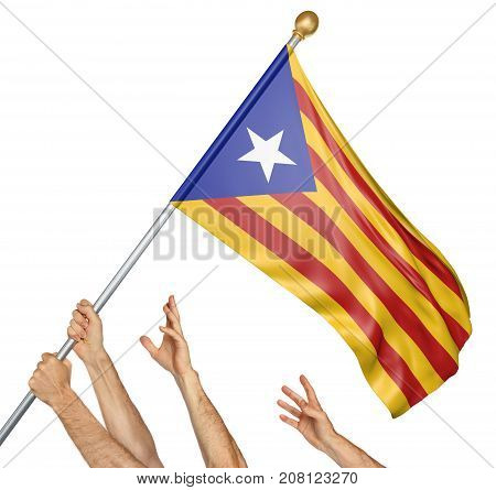 Team of peoples hands raising the Catalonia independence flag, 3D rendering isolated on white background