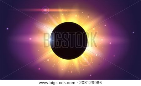 Glow light effect. Star burst with sparkles. Solar eclipse, astronomical phenomenon. Light rays and lens flare horizontal backdrop. The planet covering the Sun