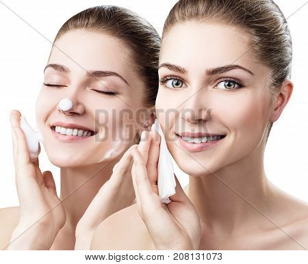 Collage of young woman cleanses skin with foam and napkins isolated on white. Skincare concept.