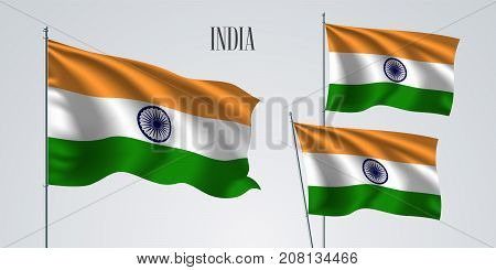 India waving flag set of vector illustration. Orange white green of Indian wavy realistic flag as a patriotic symbol