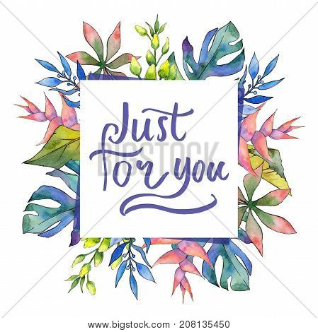 Tropical Hawaii leaves frame in a watercolor style. Aquarelle wild flower for background, texture, wrapper pattern, frame or border.
