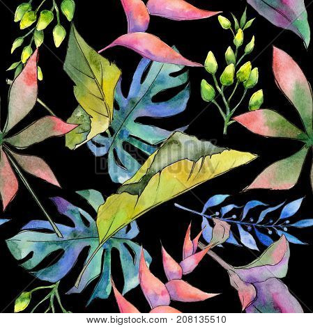 Tropical Hawaii leaves pattern in a watercolor style. Aquarelle wild flower for background, texture, wrapper pattern, frame or border.