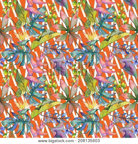 Tropical Hawaii leaves pattern in a watercolor style. Aquarelle wild flower for background, texture, wrapper pattern, frame or border.