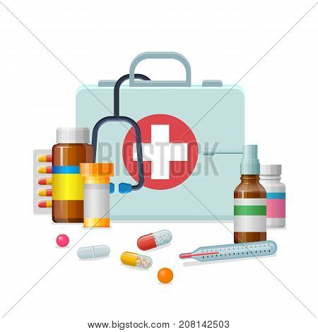 First aid kit medicine cartoon style isolated. Doctor's first-aid kit in a cartoon style and isolated for designers and illustrators. Medicine chest with tools and drugs as vector illustration.