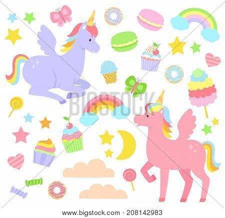 Set of unicorns, rainbows, cupcakes and other cute items