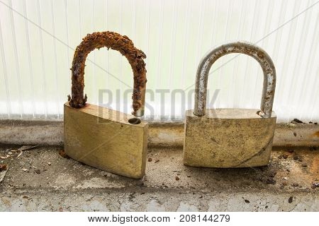 a pair of padlocks that were abandoned in the frame of a garage window suffered the onslaught of corrosion