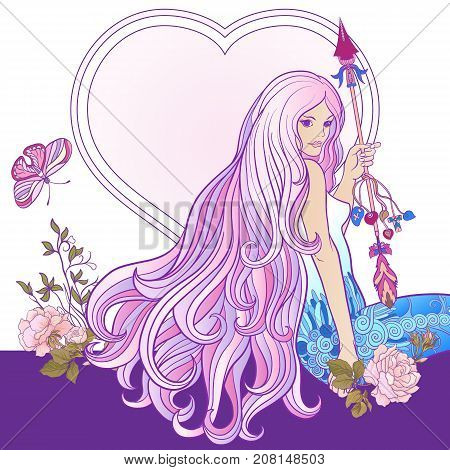 Young beautiful girl with long hair with arrow and roses. Stock line vector illustration.