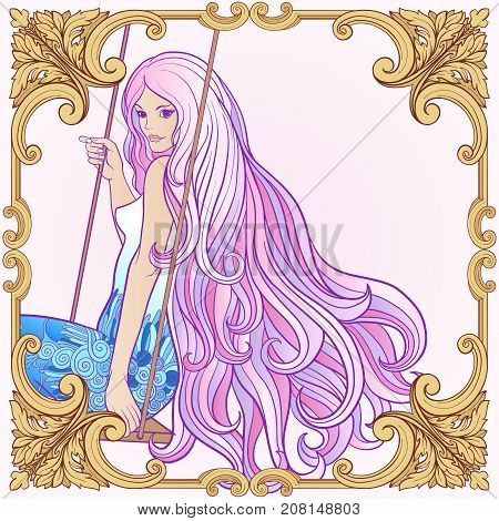 Young beautiful girl with long hair on swing on rich decorated floral patterned background. Stock line vector illustration.