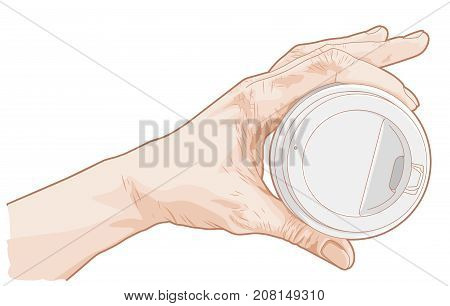 Hand drawn sketch of a hand holding paper cup of coffee