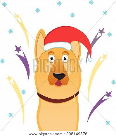A dog in Santa Claus hat on a white background with salute and snowflakes. Can be used for congratulation card, banner, poster, flayer, invitalion.