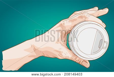 Hand drawn sketch of a hand holding paper cup of coffee