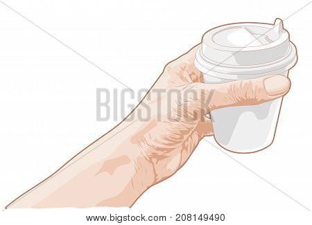 Hand drawn sketch of a hand holding paper cup of coffee