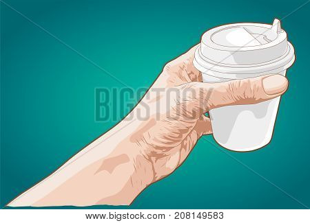 Hand drawn sketch of a hand holding paper cup of coffee