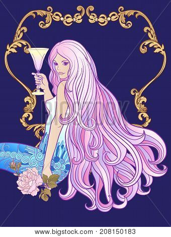 Young beautiful girl with long hair with glass of wine in rich decorated floral patterned frame. Stock line vector illustration.