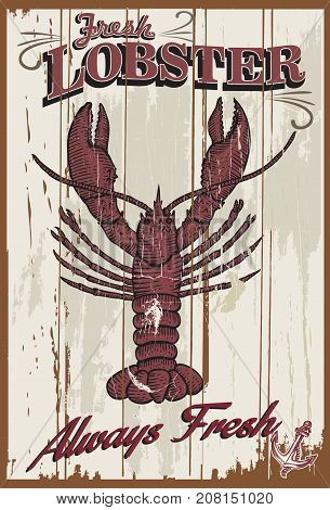 Hand drawn lobster on wooden board, Vector