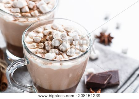 Winter hot drink. Hot chocolate or cocoa with marshmallow and spices on white background.