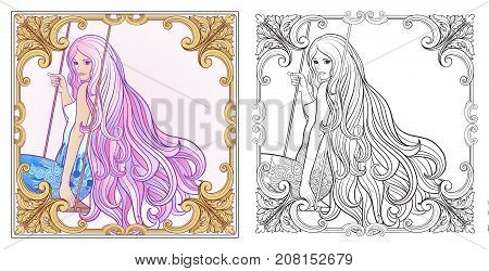 Young beautiful girl with long hair on swing. Stock line vector illustration. Colouring page for adult coloring book with sample