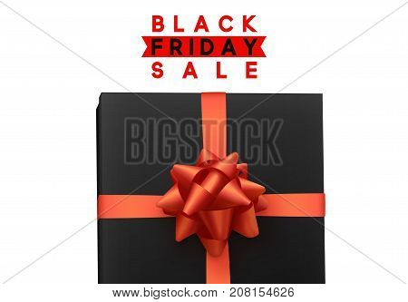Black Friday sale, banner, poster advert. Card offert promotion design. Background black gift box with red bow.