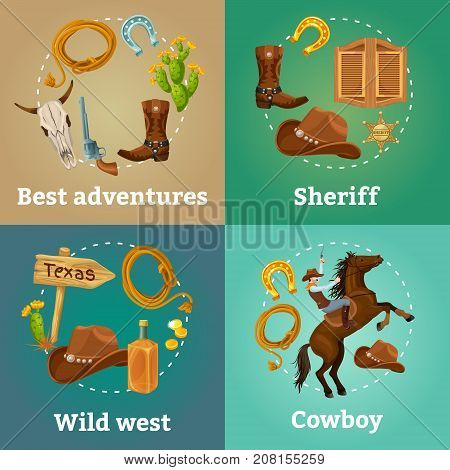 Colorful wild west square composition with cowboy and sheriff equipment cactus pointer horseshoes saloon door vector illustration