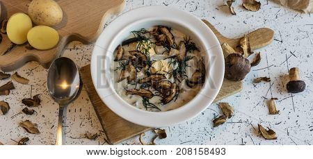 creamy soup of forest mushrooms, dill, eggs and cream - Kulajda