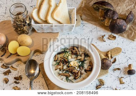 creamy soup of forest mushrooms, dill, eggs and cream - Kulajda