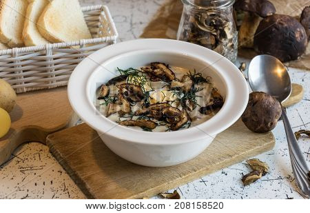 creamy soup of forest mushrooms, dill, eggs and cream - Kulajda