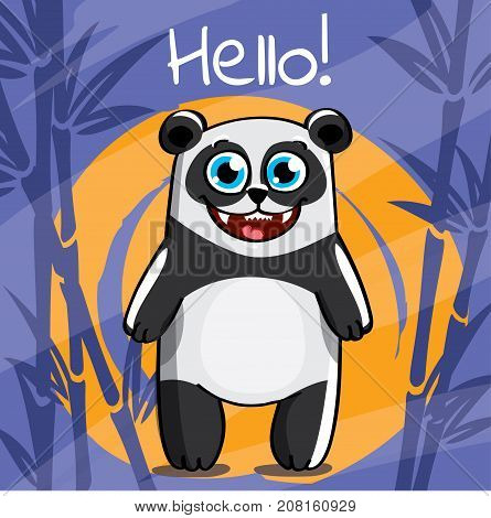 Vector illustration of cute cartoon hapy fun panda. Greeting card, postcard. Hello.