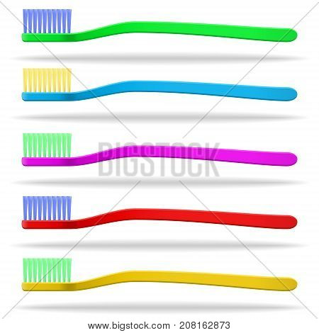 Set of multicolored toothbrushes. White background . Isolated objects. Vector illustration