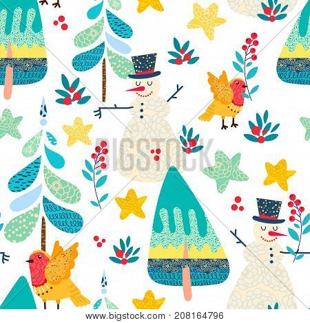 Winter seamless pattern with a Christmas decorative forest. Cute robin bird finch snowman cartoon character  Ornament for children clothing print poster bag textile gift wrapping paper surface design